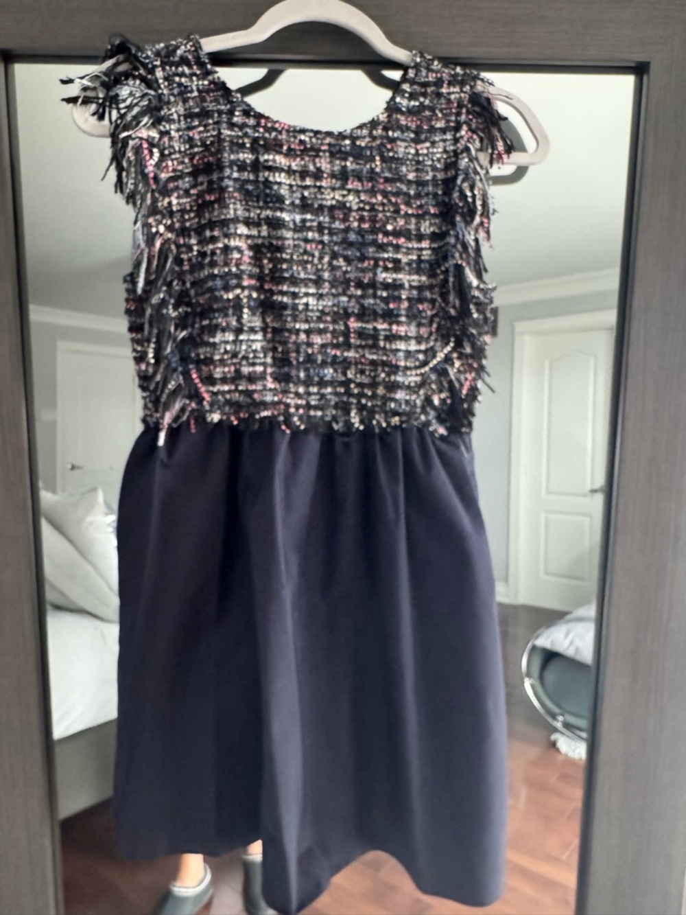 Zara Navy and Multicolor Tweed Bodice Midi Dress